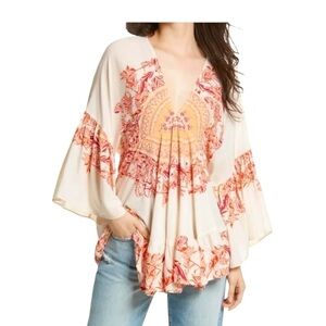 Free People Sunset Dreams Ruffle Top in Sand Size Small Peasant Tunic Boho Flowy